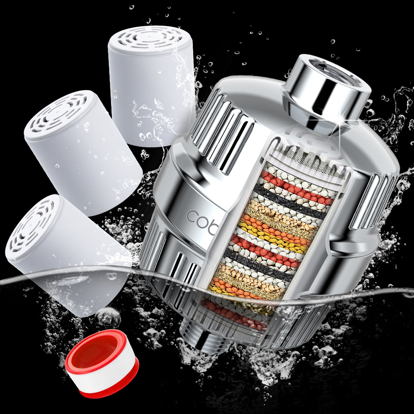 Cobbe 20 Stage Shower Filter for Hard Water Shower Head Filter - with 3 Replaceable Filter Cartridges - High Output Shower Water Filter for Removing Chlorine and Harmful Substance, Chrome