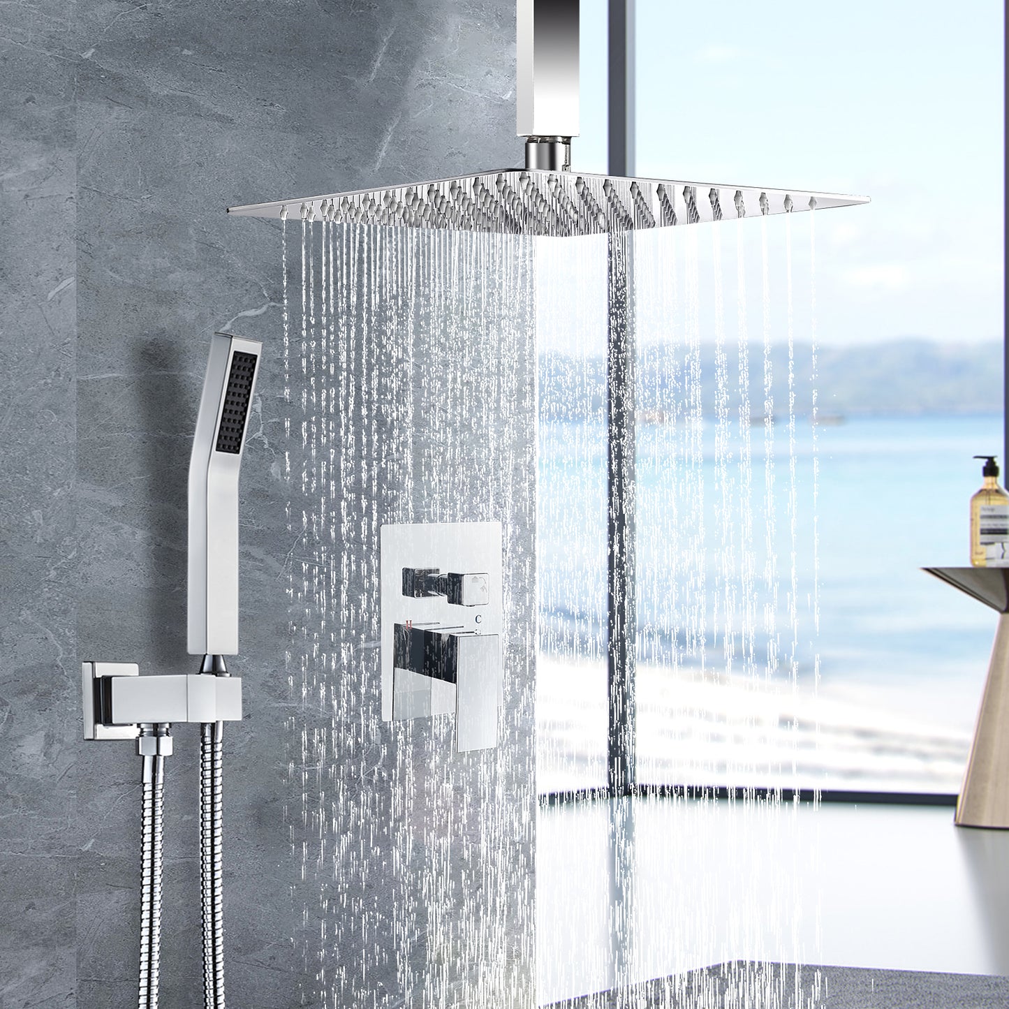 Cobbe Shower System, 12" Rainfall 1-Spray Square Ceiling Mount Shower System Shower Head with Handheld (Valve Included)
