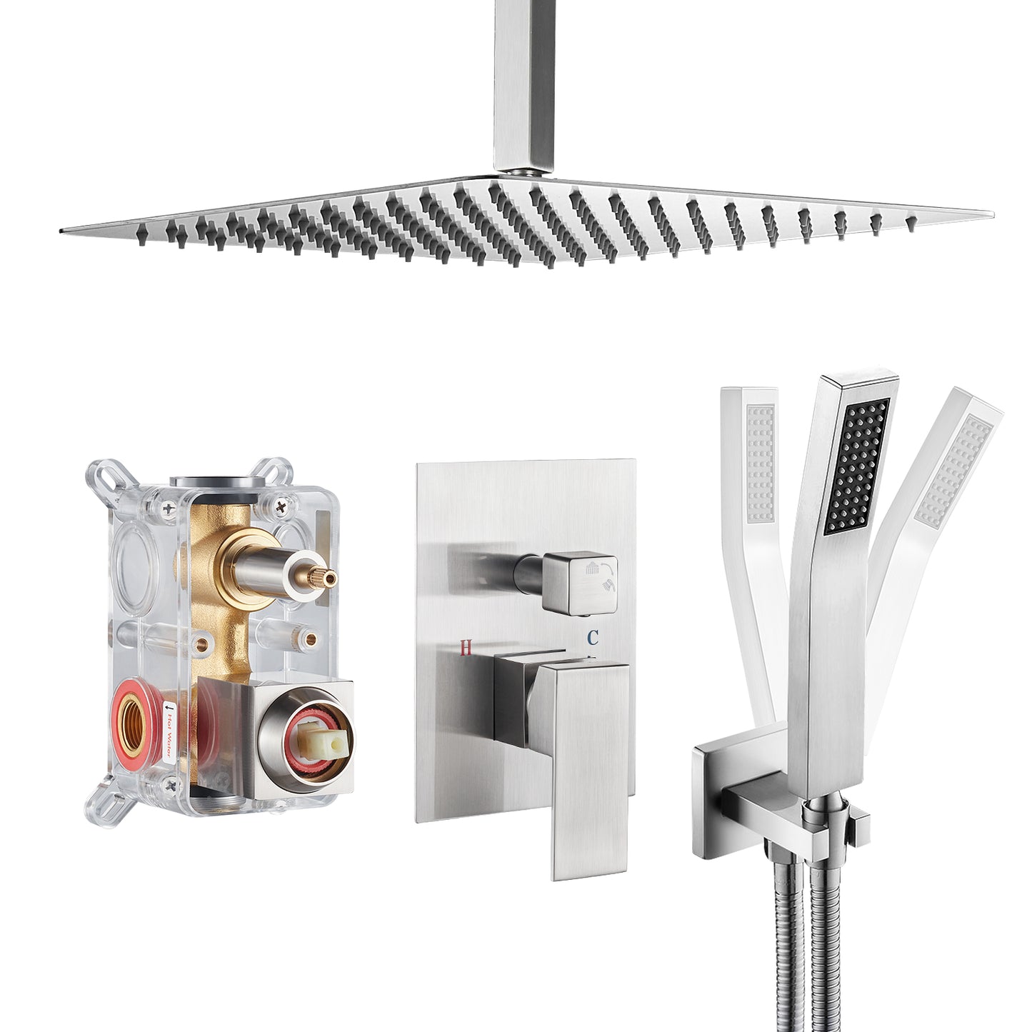 Cobbe Shower System, 12" Rainfall 1-Spray Square Ceiling Mount Shower System Shower Head with Handheld (Valve Included)