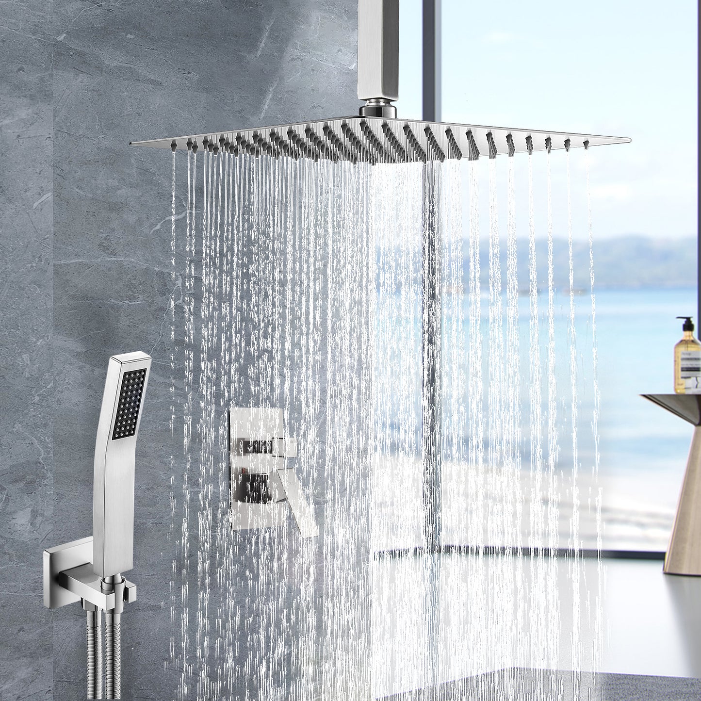 Cobbe Shower System, 12" Rainfall 1-Spray Square Ceiling Mount Shower System Shower Head with Handheld (Valve Included)