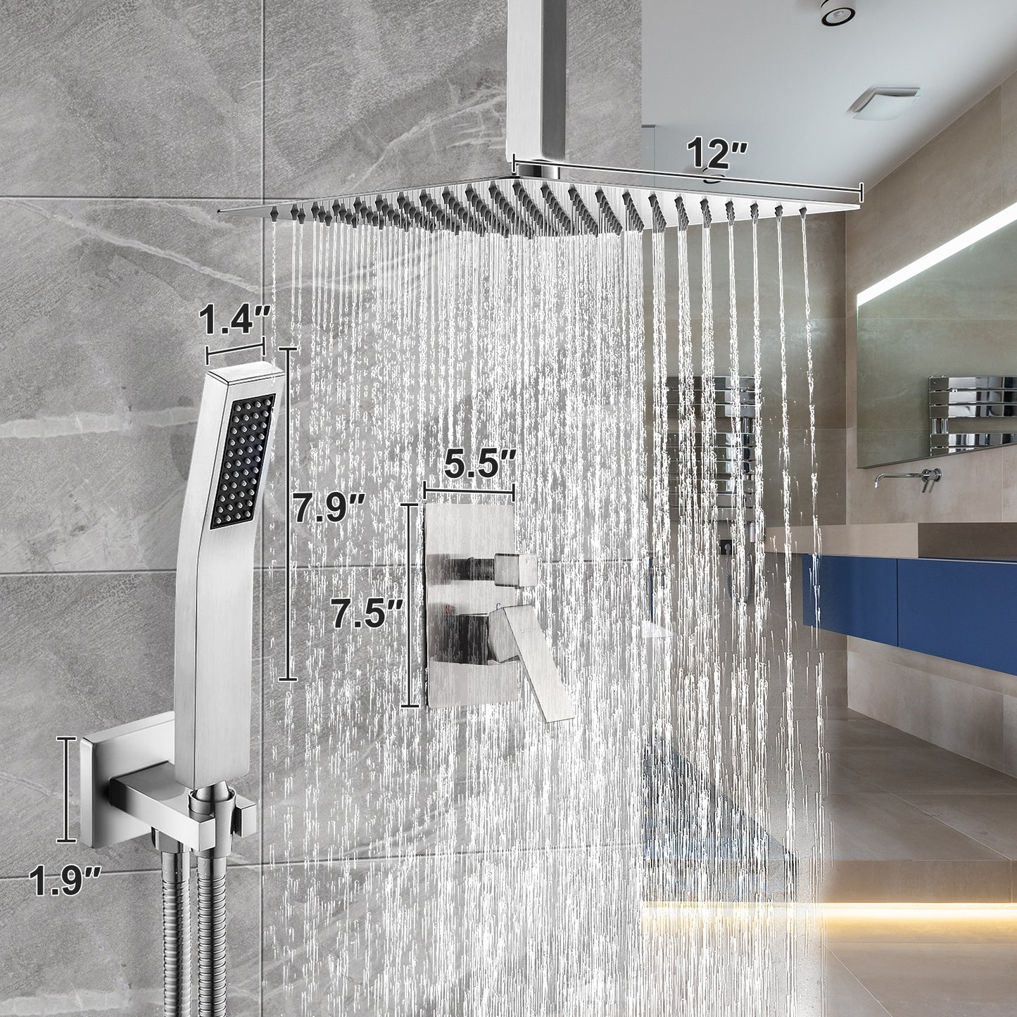 Cobbe Shower System, 12" Rainfall 1-Spray Square Ceiling Mount Shower System Shower Head with Handheld (Valve Included)