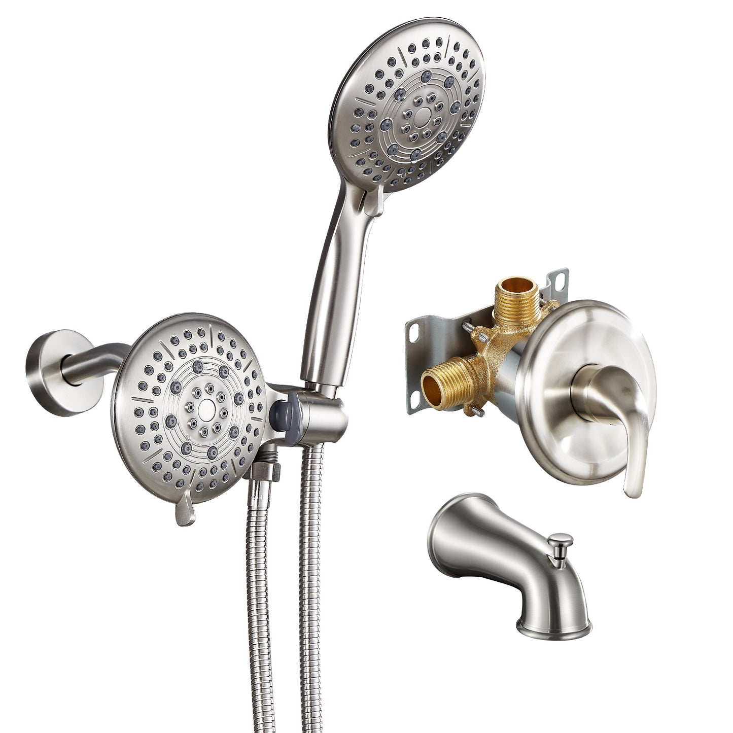 2-in-1 Single-Handle 6-Spray Round Shower Faucet with Dual Shower Heads and Tub Spout (Valve Included)