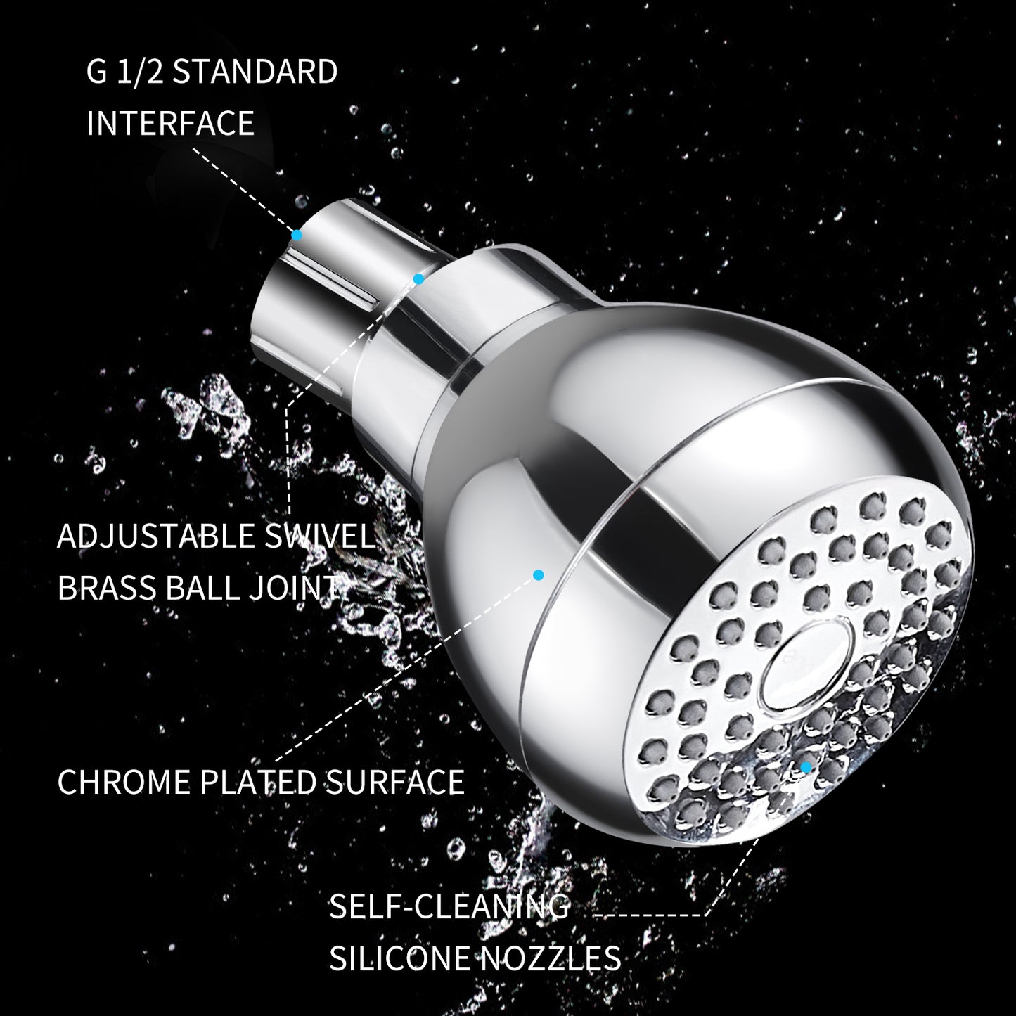 Cobbe High Pressure Shower Head, 3 Inches Anti-Clogging Silicone Nozzles Fixed Showerhead, Adjustable Swivel Brass Ball, Bathroom Rain Shower Heads (Chrome)