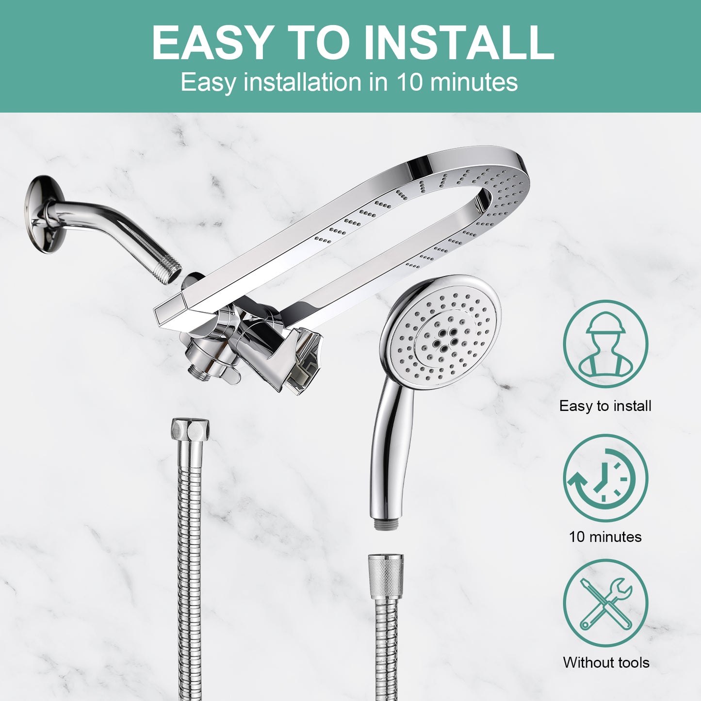 Cobbe Premium 3-Way Rain Shower Head Combo, Dual Shower Head with Handheld, 5-mode High Pressure Rainfall Showerhead with Stainless Steel Hose & Sealant Tape - U.S. Invention Patents