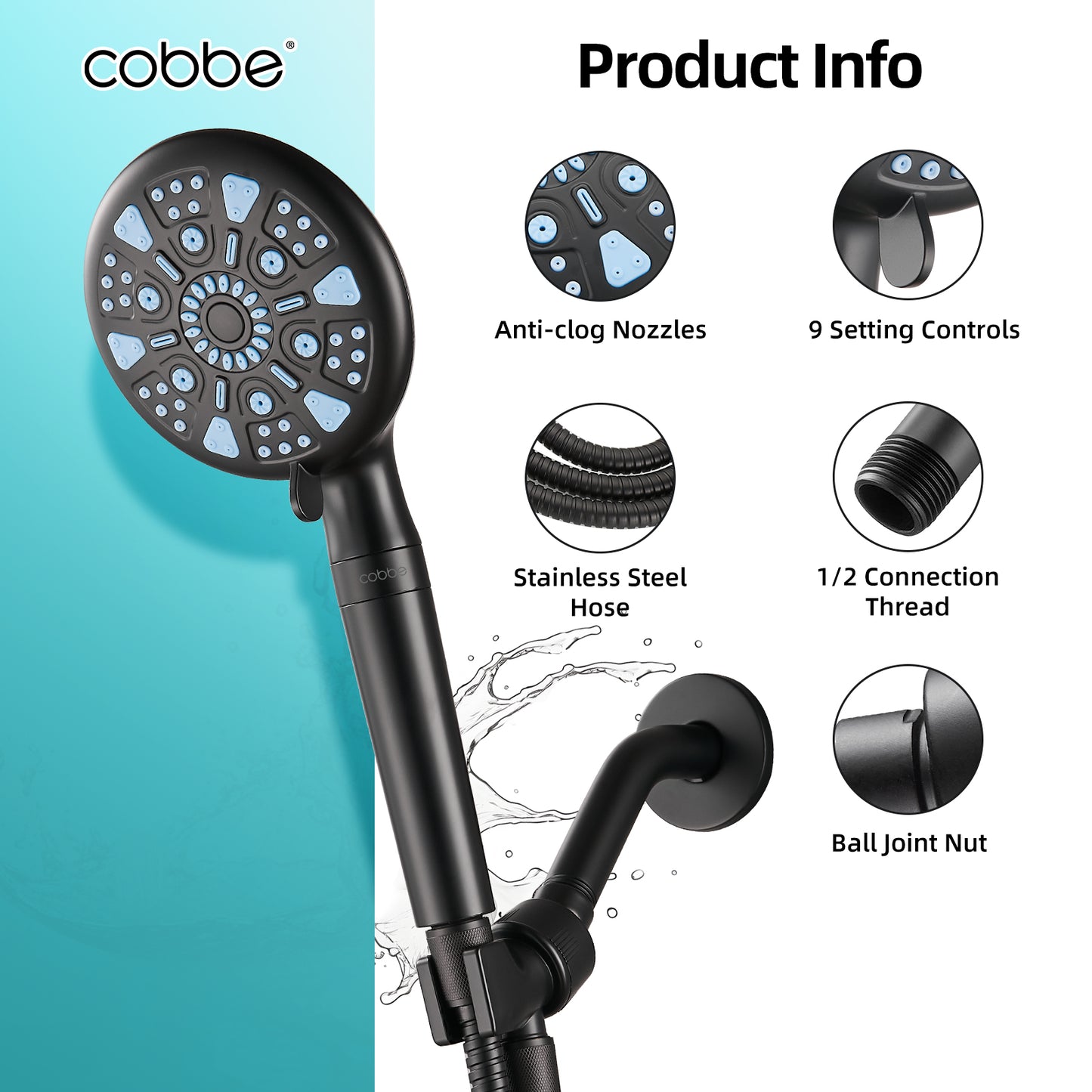 Cobbe Filtered Shower Head with Handheld, High Pressure 9 Spray Mode Shower Head with Filters, Built-in Power Spray to Clean Corner, Water Softener Filters Beads for Hard Water, Remove Chlorine