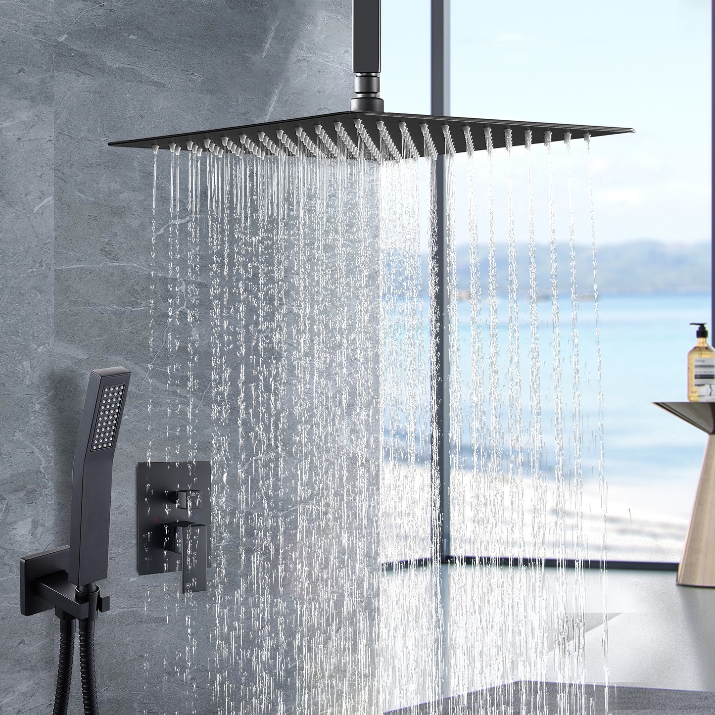 Cobbe Shower System, 12" Rainfall 1-Spray Square Ceiling Mount Shower System Shower Head with Handheld (Valve Included)