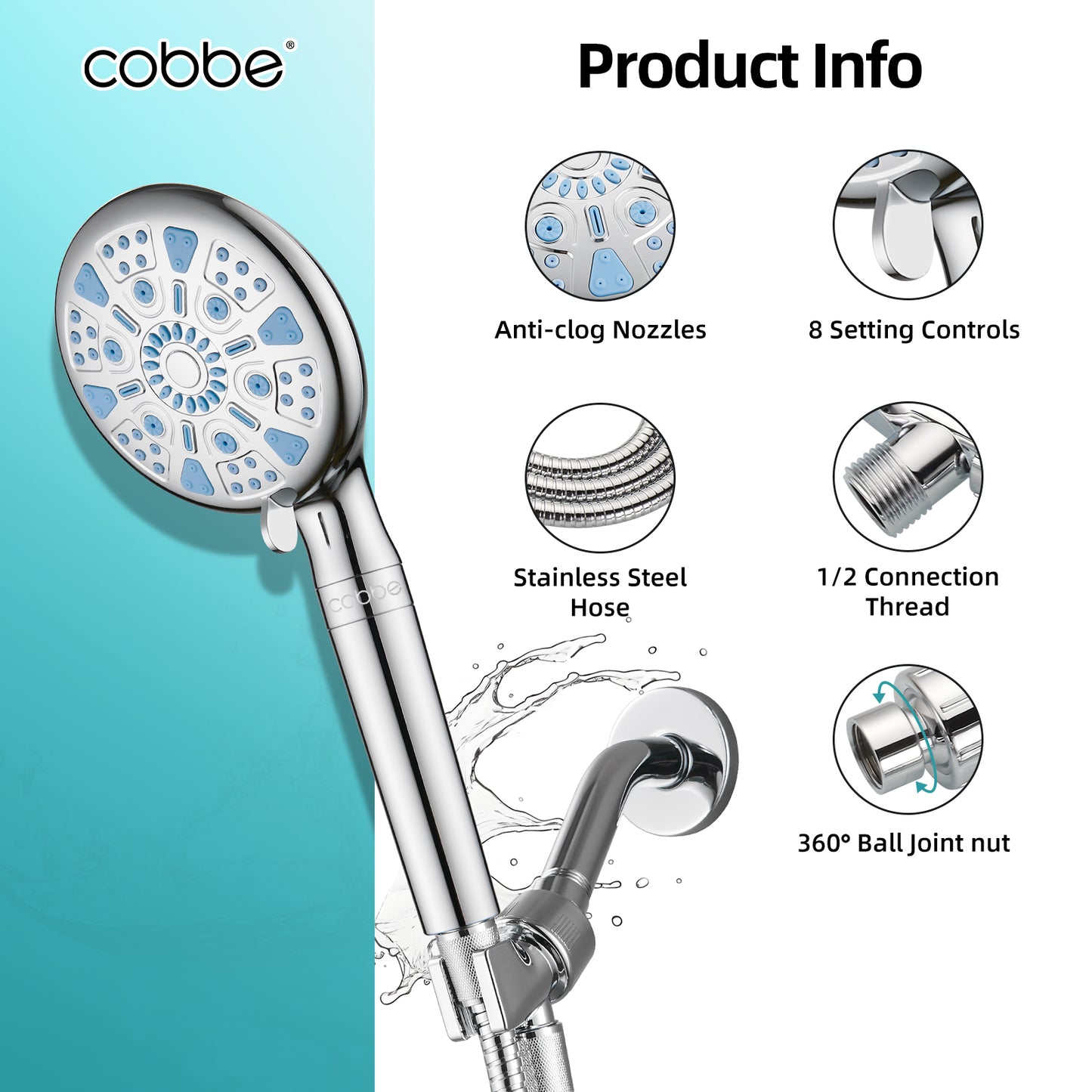 Cobbe Filtered Shower Head with Handheld, High Pressure 9 Spray Mode Shower Head with Filters, Built-in Power Spray to Clean Corner, Water Softener Filters Beads for Hard Water, Remove Chlorine