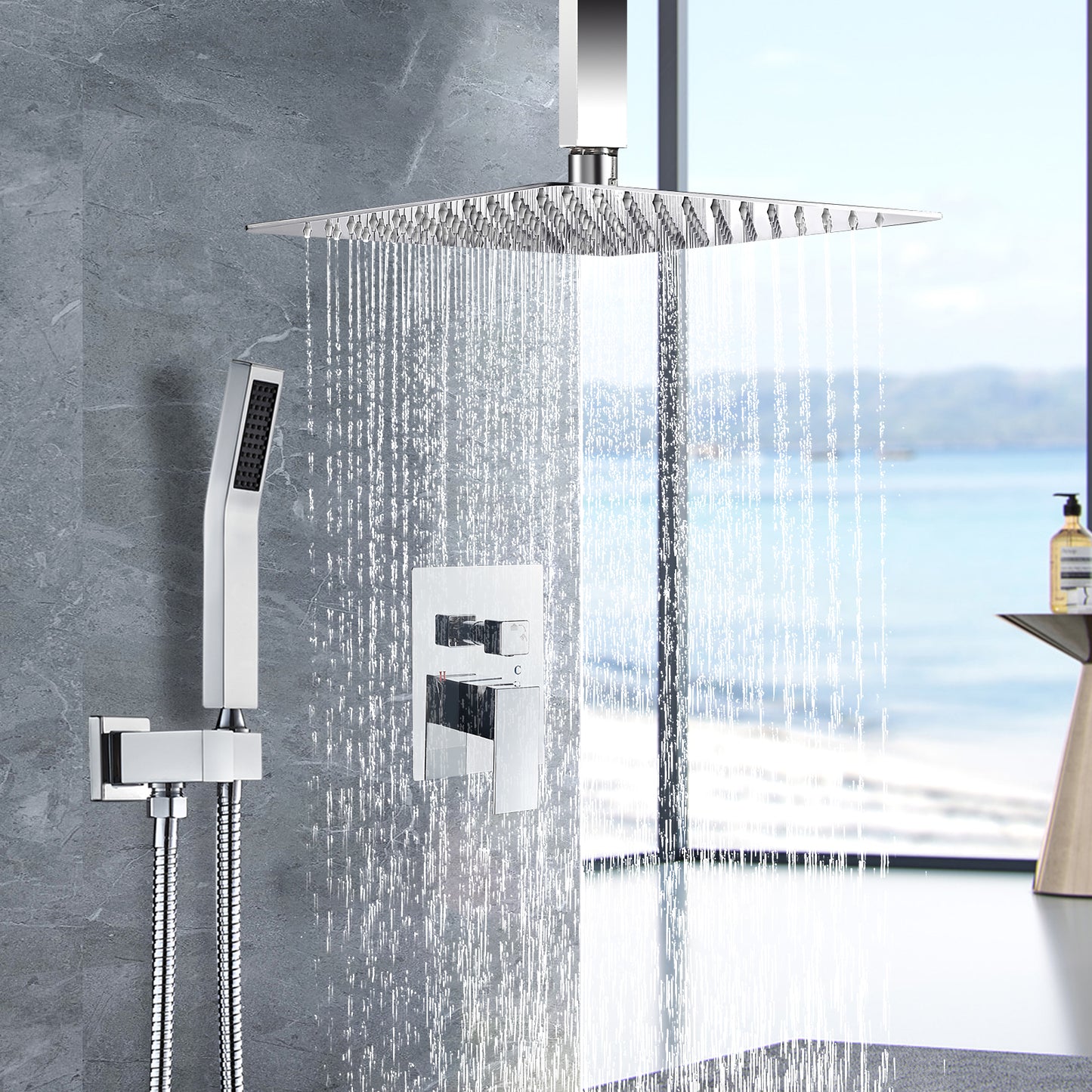 Cobbe Shower System, 12" Rainfall 1-Spray Square Ceiling Mount Shower System Shower Head with Handheld (Valve Included)