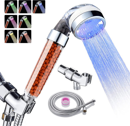 Cobbe Led Shower Head Set With Light,Handheld Showerhead with Hose and Base for Dry Skin&Hair,High Pressure Shower Heads With Filters-7 Colors Change Cyclically