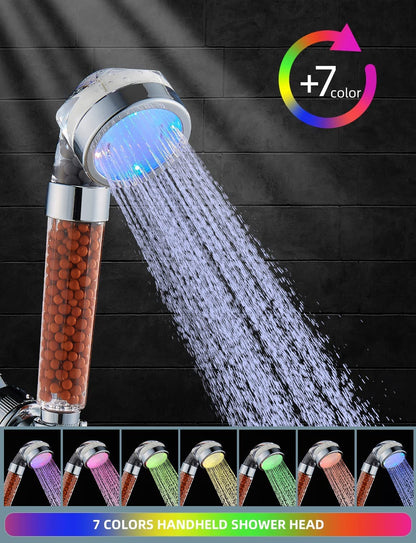 Cobbe Led Shower Head Set With Light,Handheld Showerhead with Hose and Base for Dry Skin&Hair,High Pressure Shower Heads With Filters-7 Colors Change Cyclically