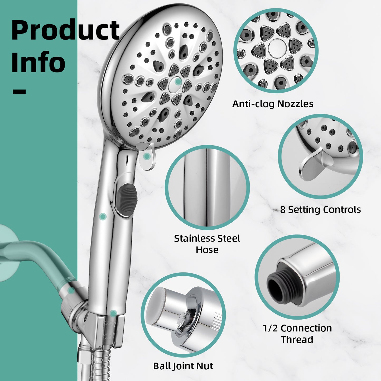 Cobbe High Pressure 9 Functions Shower Head with handheld, Built-in Power Spray to Clean Corner, Tub and Pets, Stainless Steel Hose Adjustable Bracket