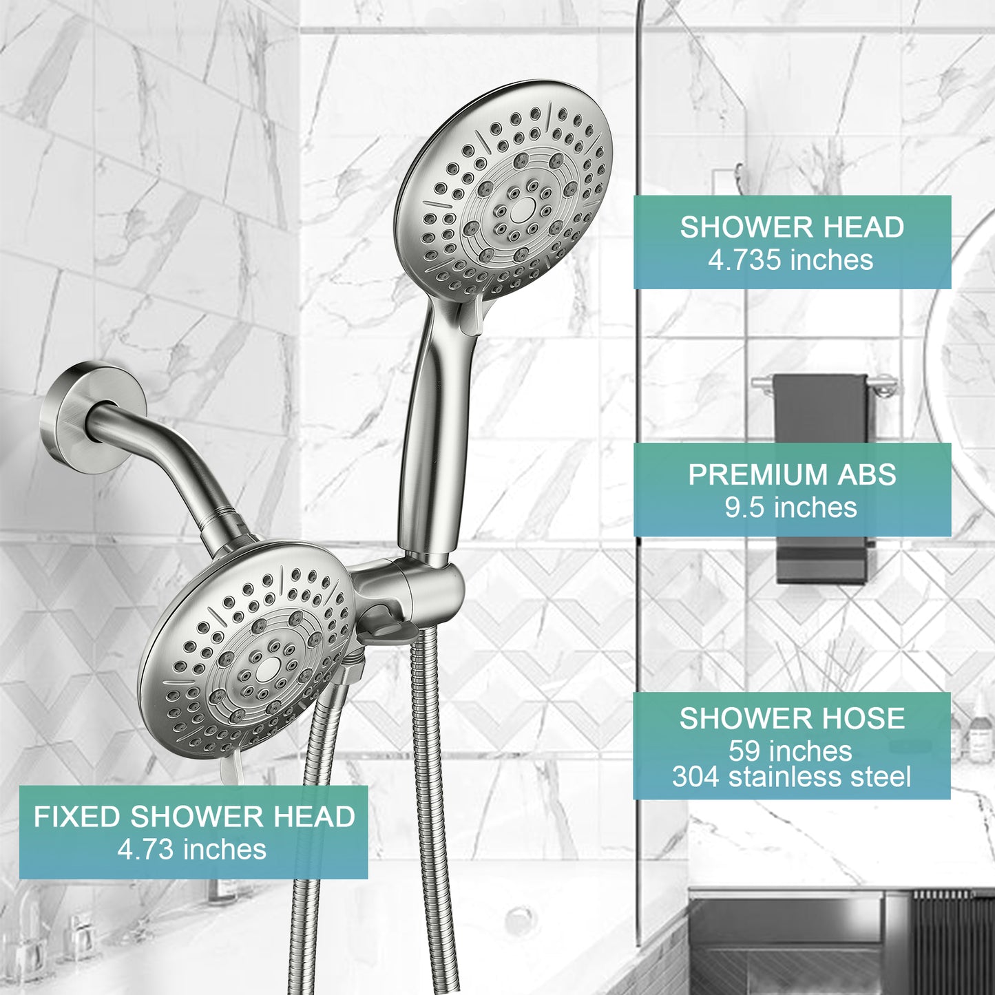 Cobbe 48-Setting High Pressure 3-Way Shower Head Combo, Hand Held Shower & Rain Shower Separately or Together, 4.7" Dual 2 in 1 Showerhead with Stainless Steel Hose - U.S. Invention Patents